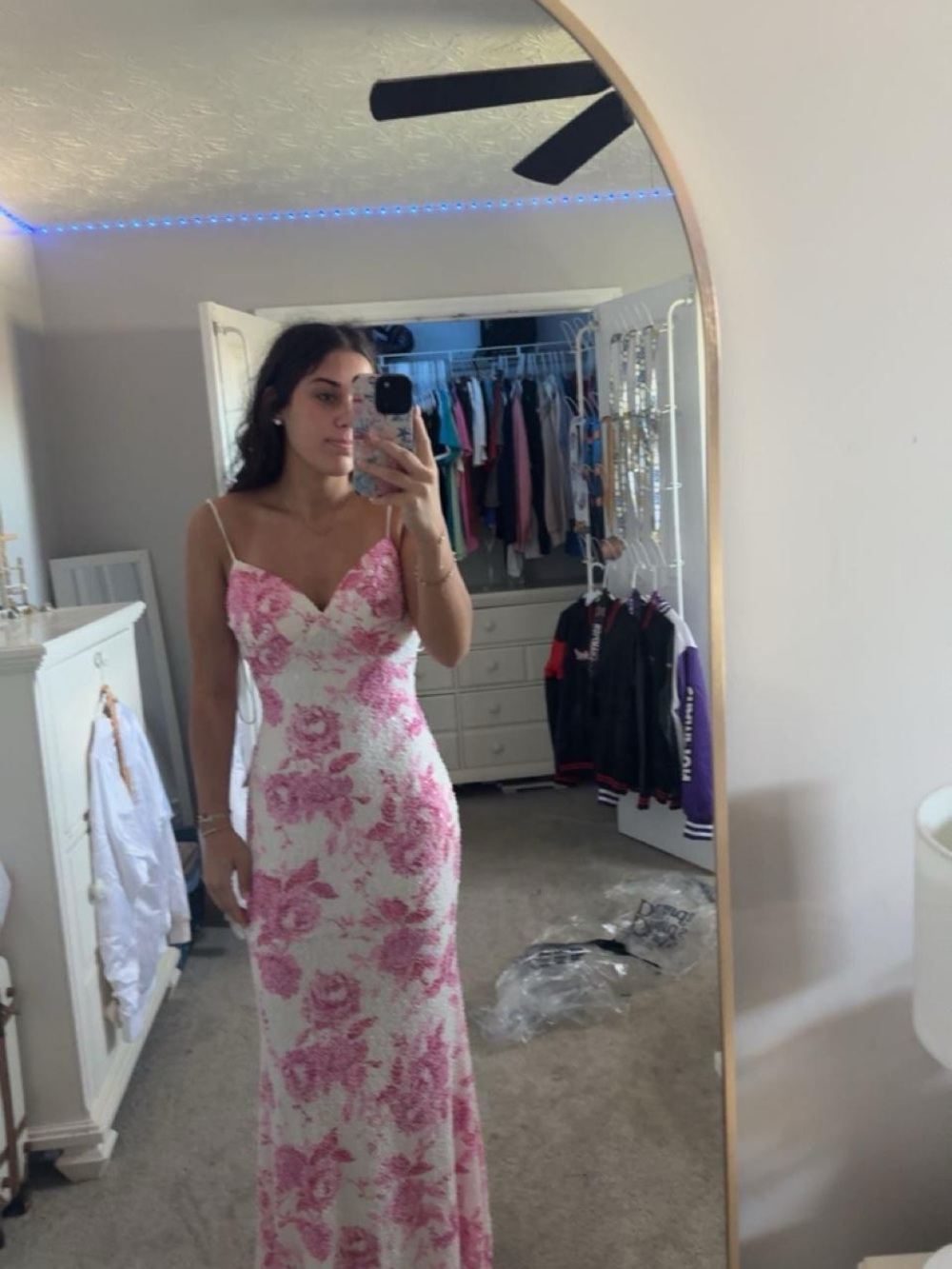 B Darlin Pink & White Floral Maxi Dress with Spaghetti Straps
